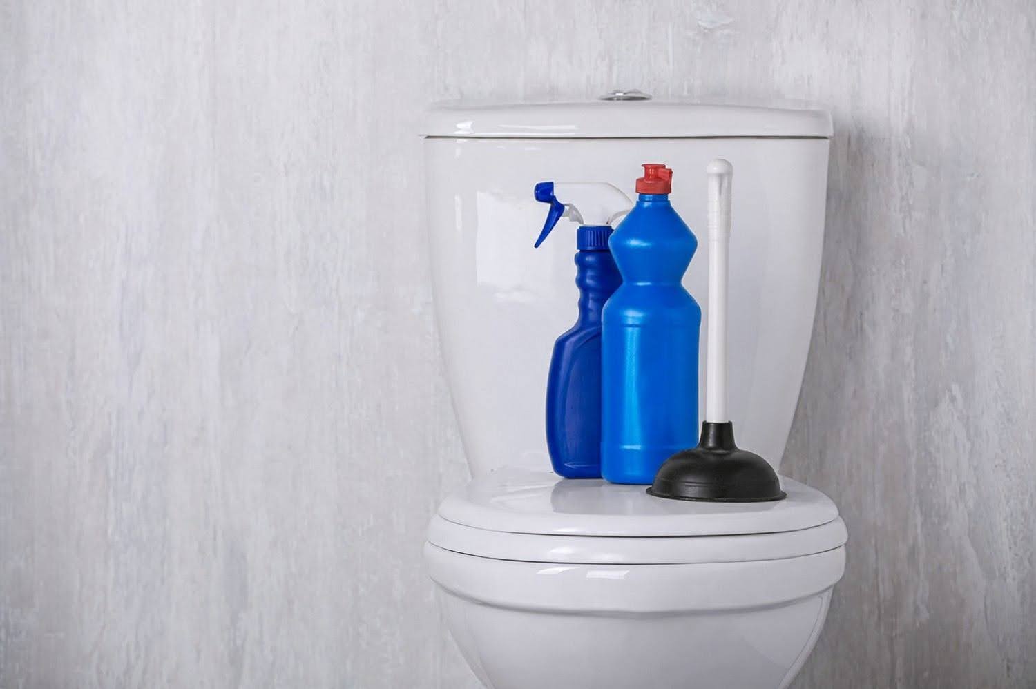 Plunger and chemical drain cleaner next to a toilet, comparing safe clog removal options